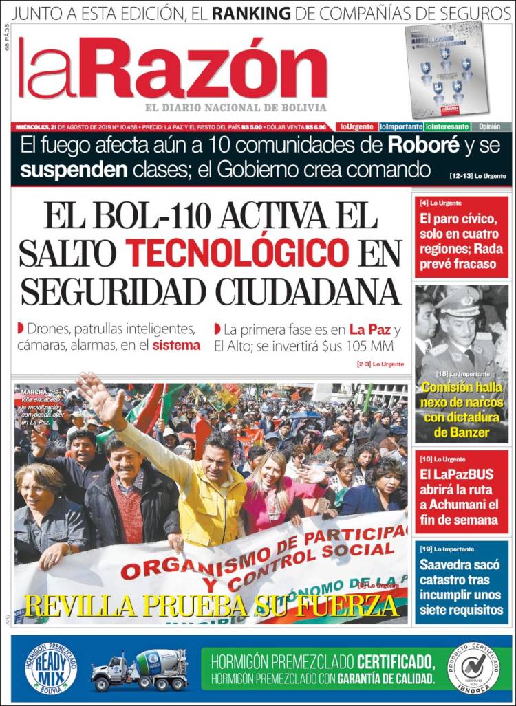 Portada de La Razón (Bolivia)