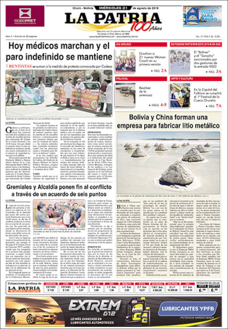 Portada de La Patria (Bolivia)