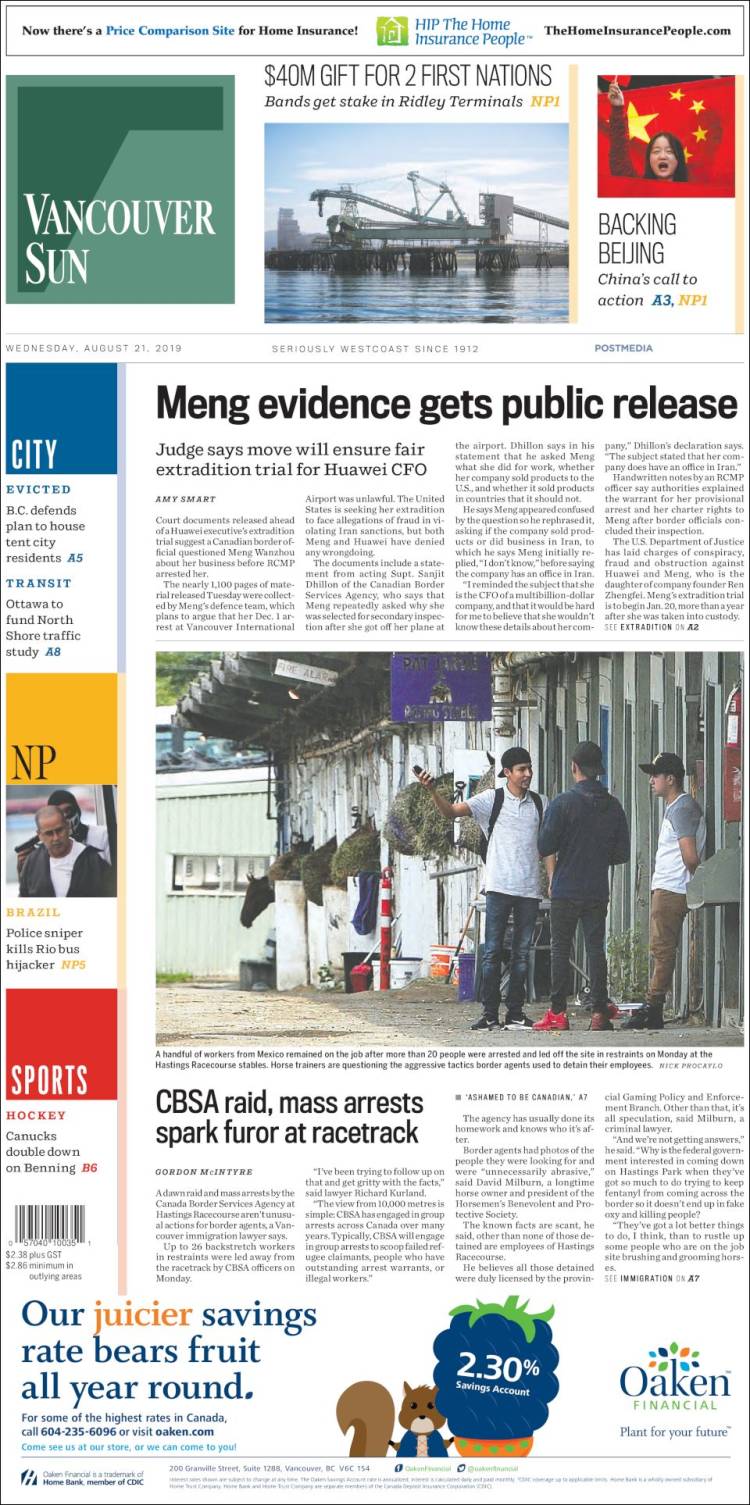 Portada de The Vancouver Sun (Canadá)