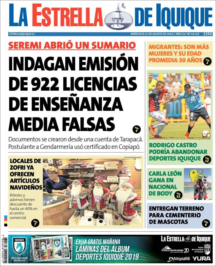 Portada de La Estrella de Iquique (Chile)