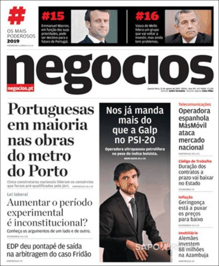 Portada de Jornal de Negócios (Portugal)