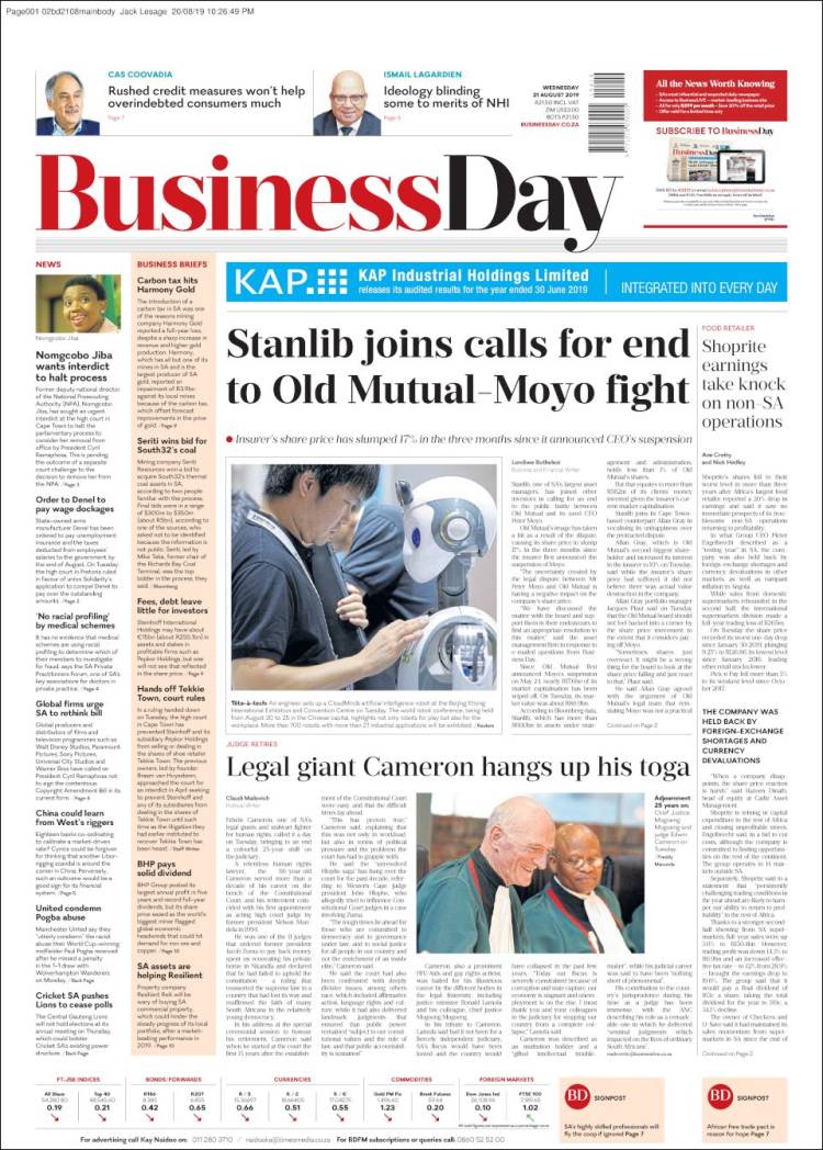 Portada de Business Day (Sud&aacute;frica)