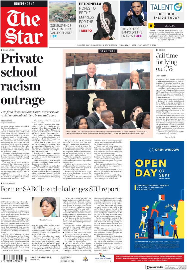 Portada de The Star (Sud&aacute;frica)