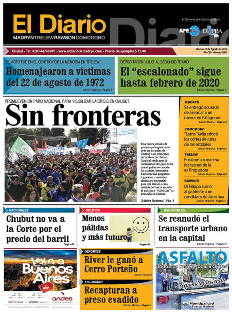 Portada de El Diario de Madryn (Argentina)