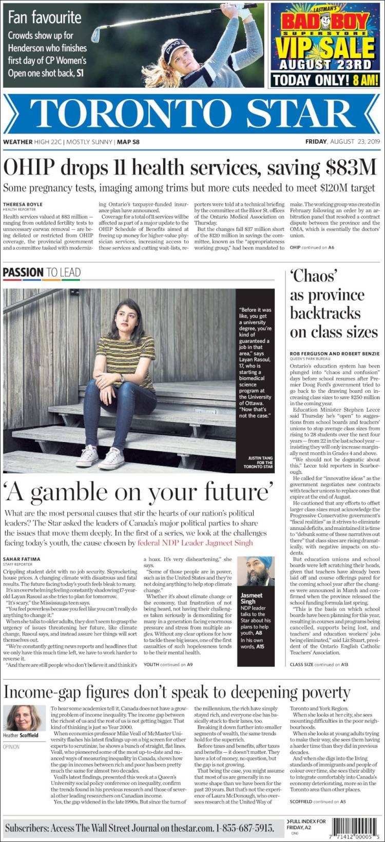 Portada de The Toronto Star (Canada)