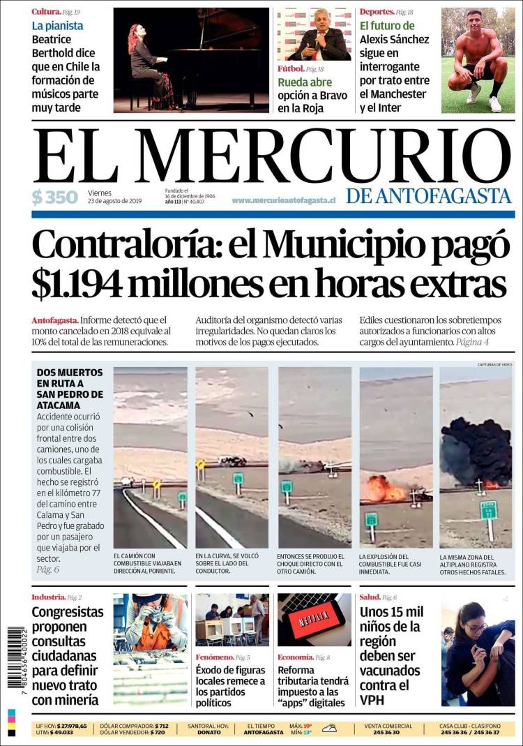Portada de El Mercurio de Antofagasta (Chile)