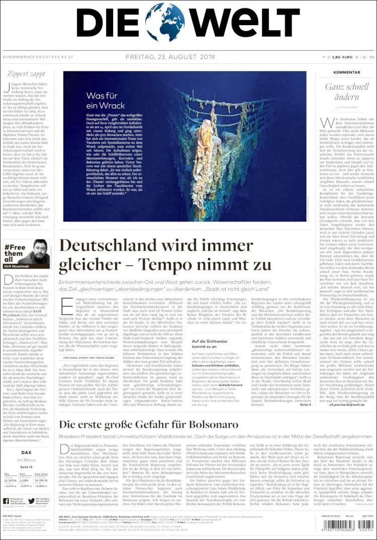 Portada de Die Welt (Alemania)