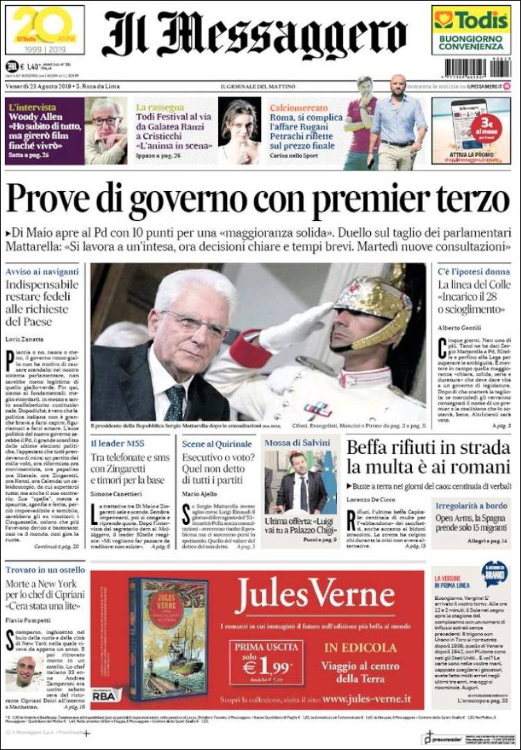 Portada de Il Messaggero (Italia)
