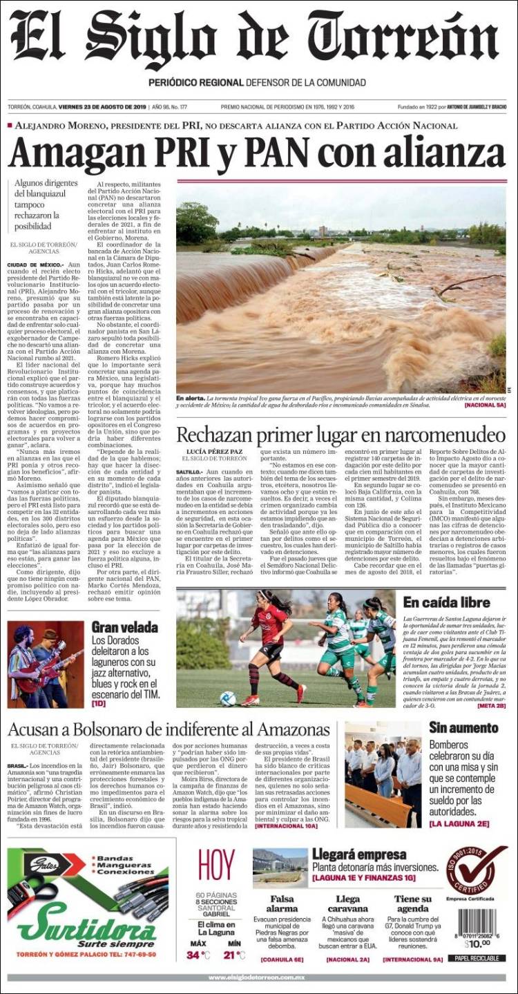 Portada de El Siglo de Torreon (M&eacute;xico)