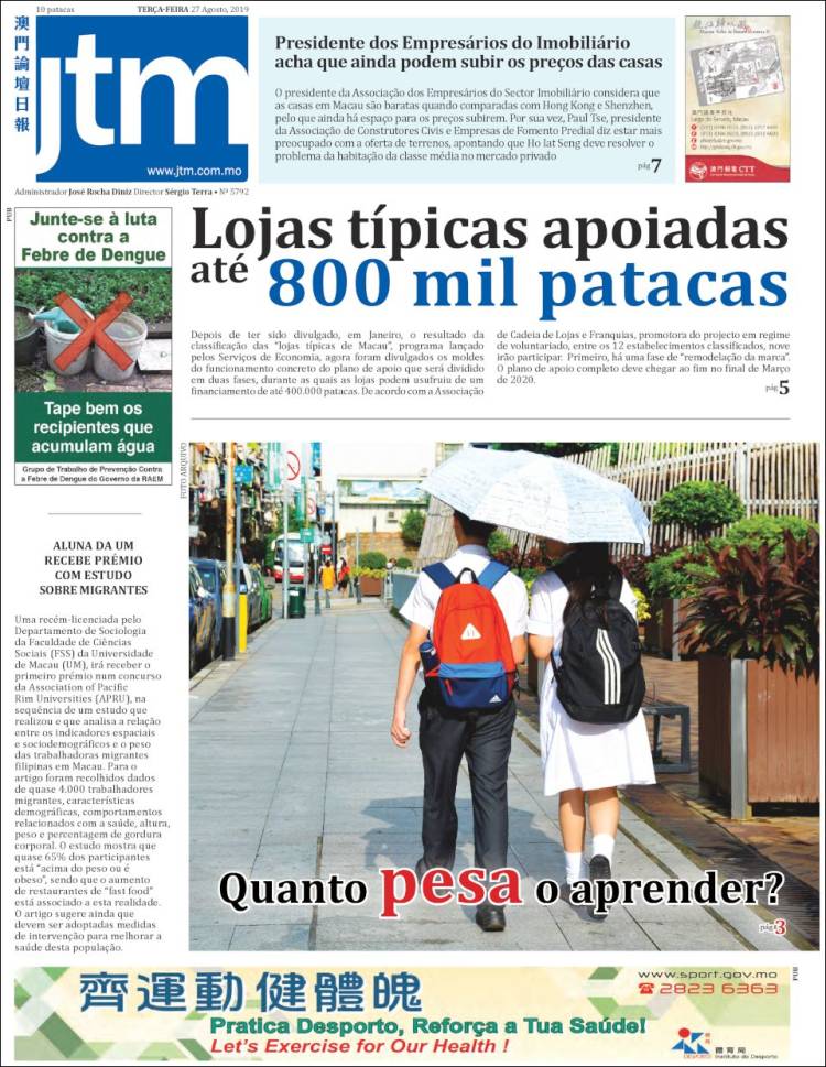 Portada de Jornal Tribuna de Macau (China)