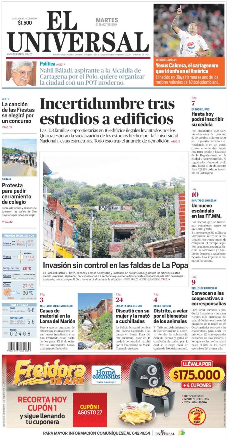 Portada de El Universal (Colombia)