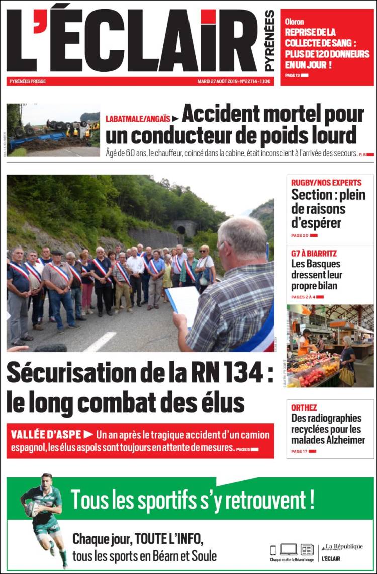 Portada de L'Eclair des Pyrénées (Francia)