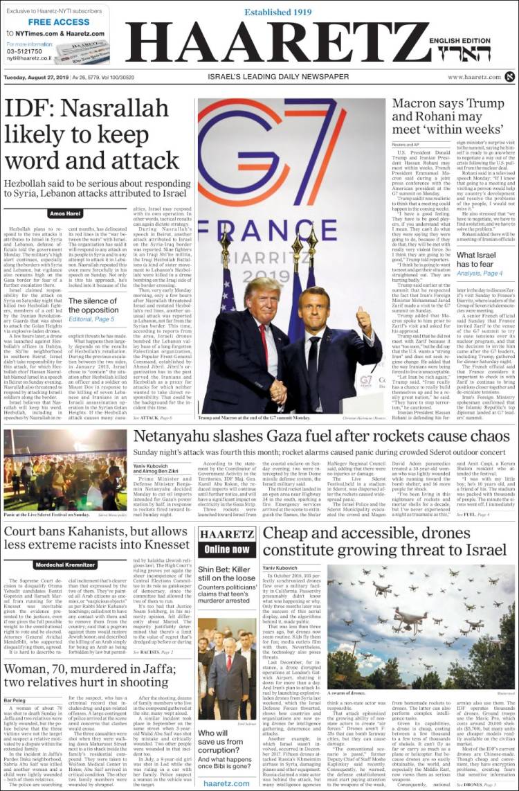 Portada de Haaretz (Israel)