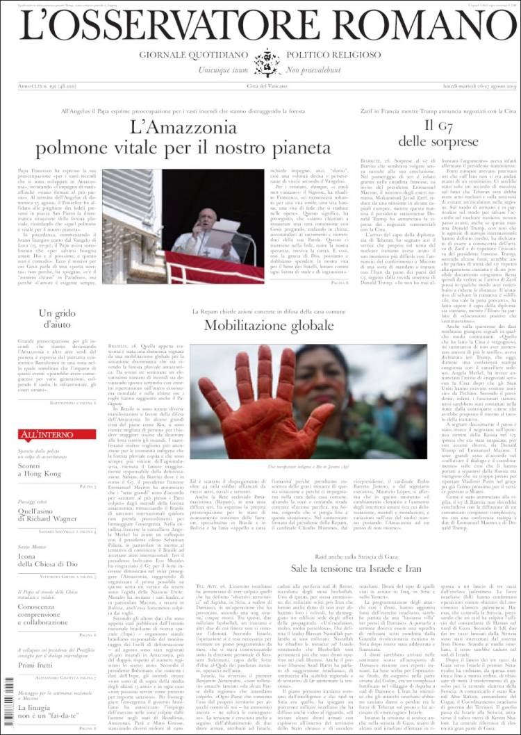 Portada de L'Osservatore Romano (Italia)