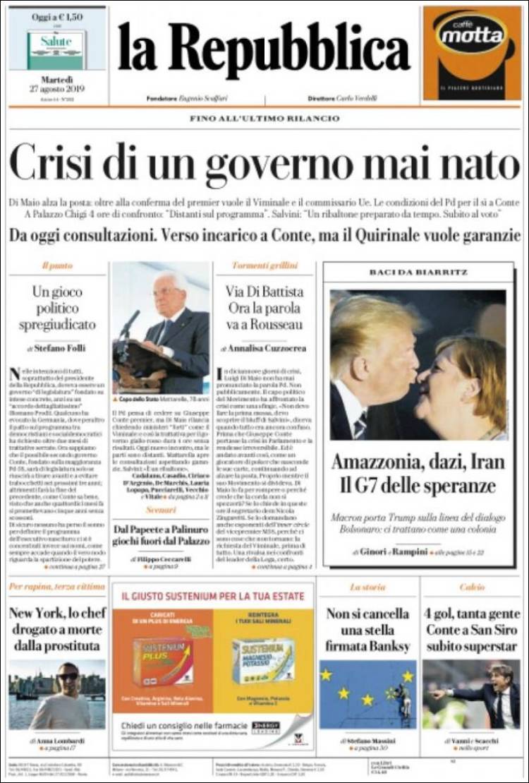 Portada de La Repubblica (Italia)