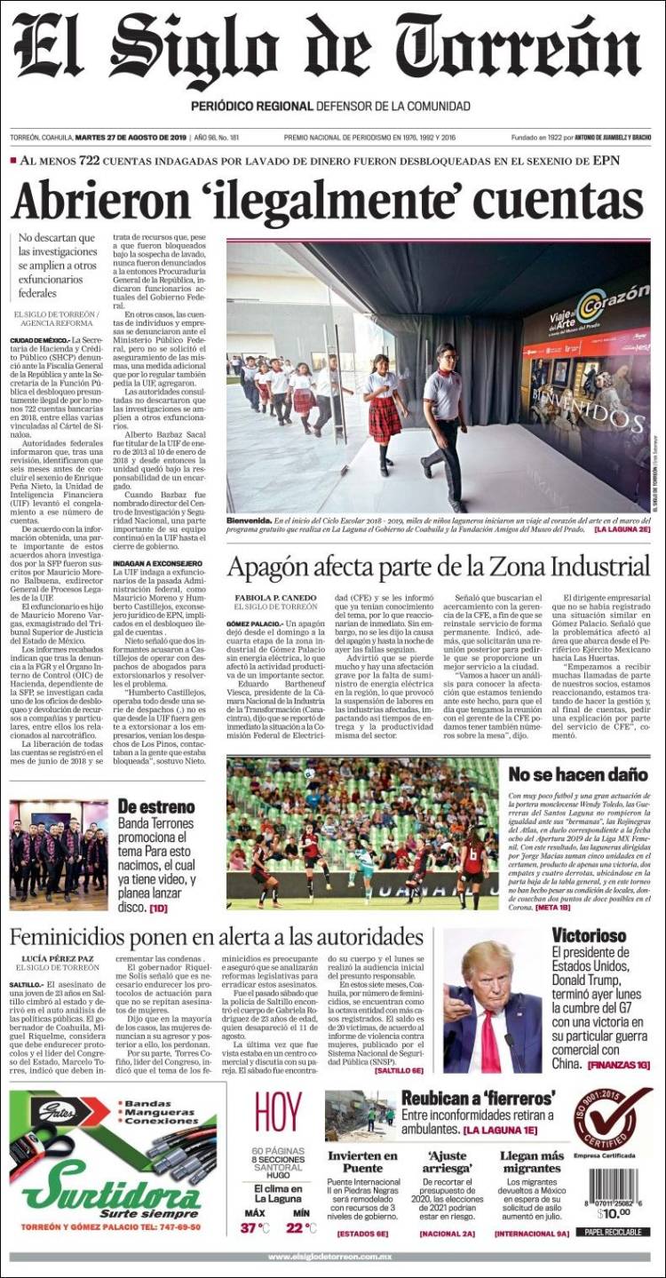 Portada de El Siglo de Torreon (M&eacute;xico)