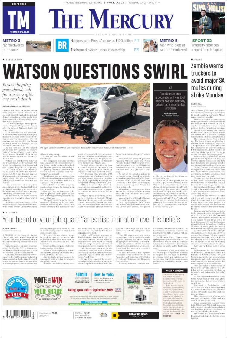 Portada de The Mercury (Sud&aacute;frica)