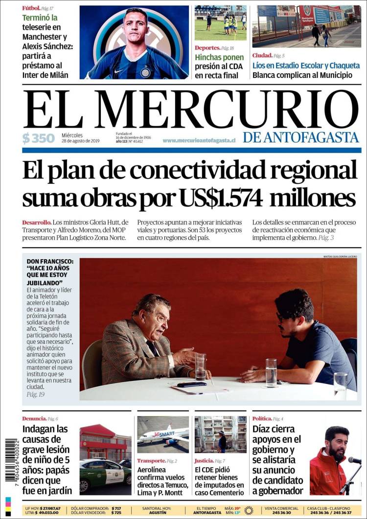 Portada de El Mercurio de Antofagasta (Chile)