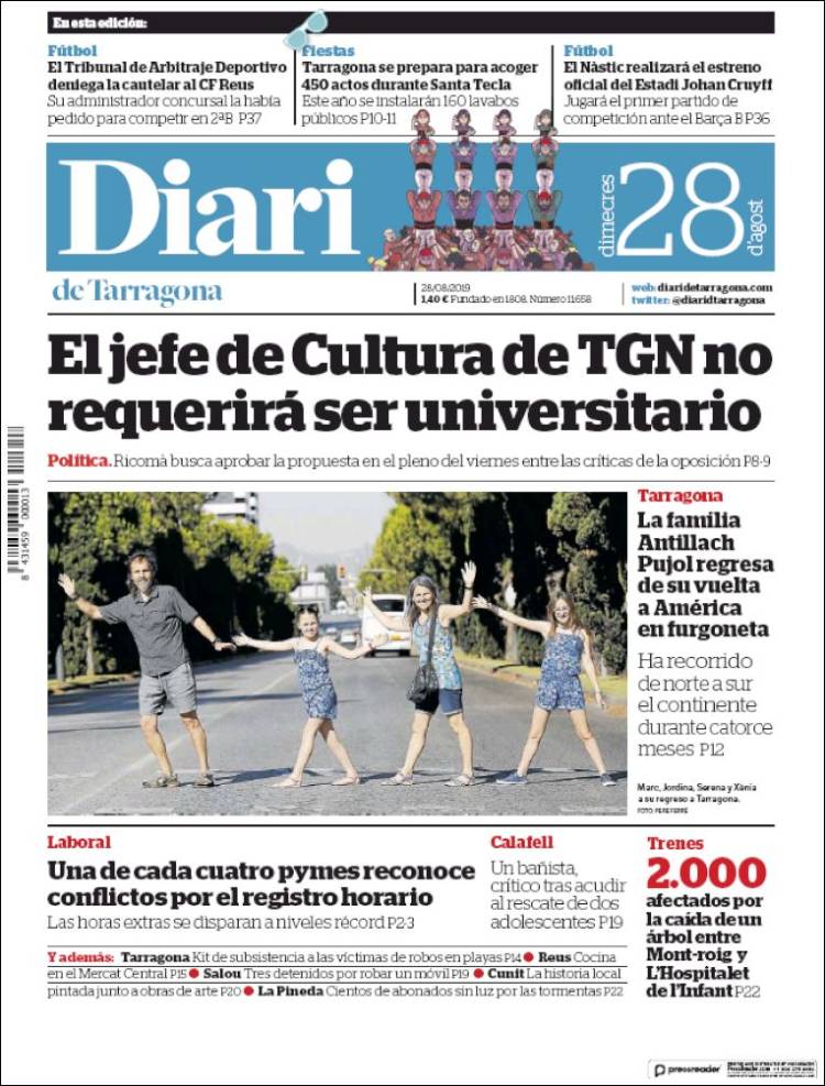 Portada de Diari de Tarragona (España)