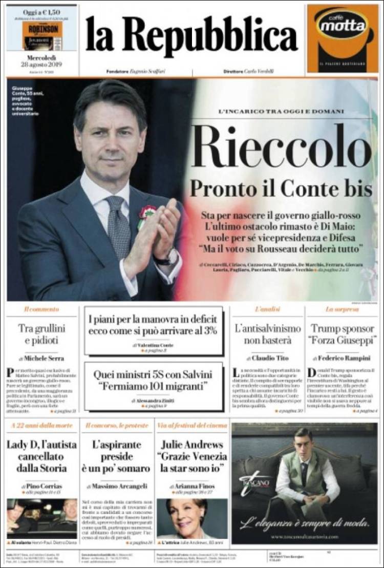 Portada de La Repubblica (Italia)