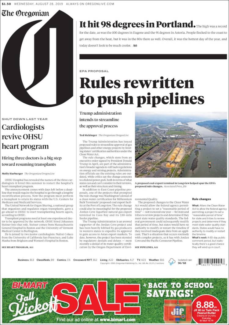 Portada de The Oregonian (USA)