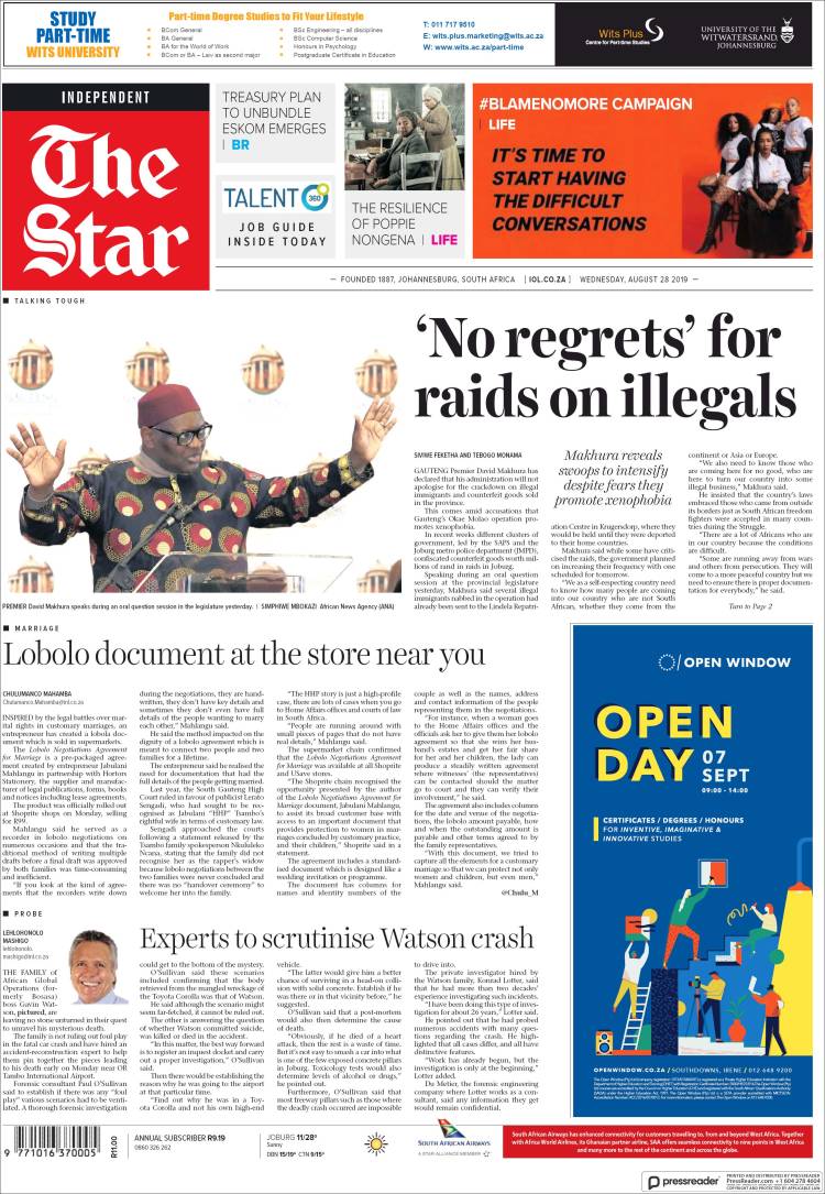 Portada de The Star (Sud&aacute;frica)