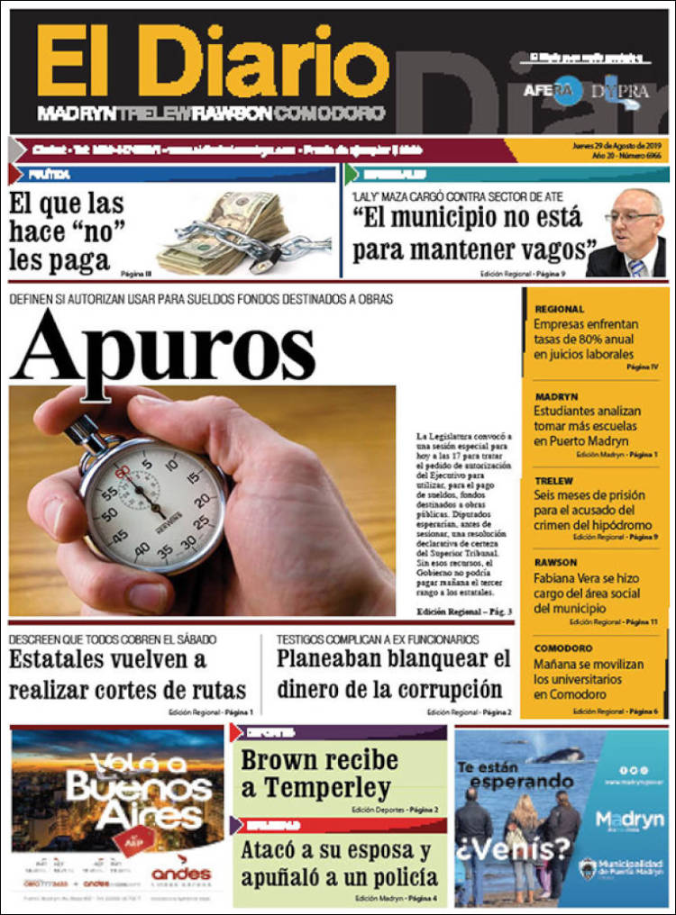 Portada de El Diario de Madryn (Argentina)