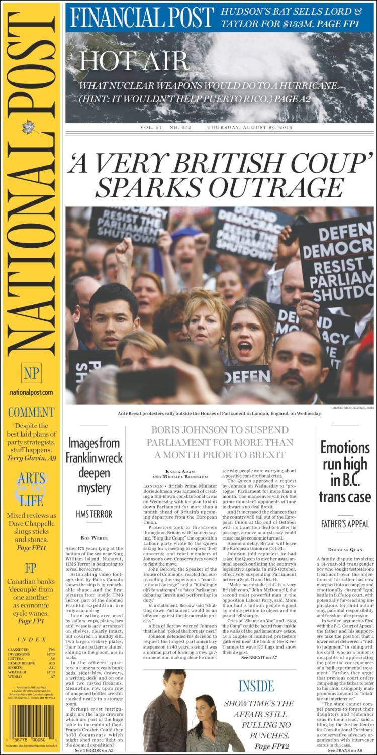 Portada de The National Post (Canadá)