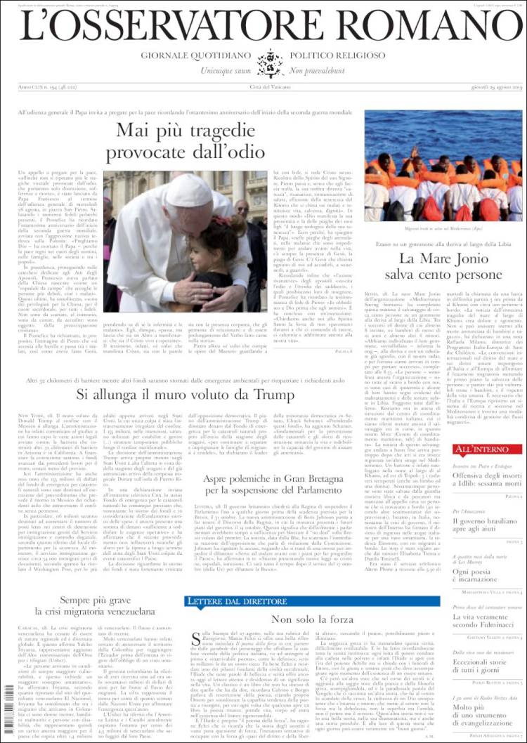 Portada de L'Osservatore Romano (Italia)