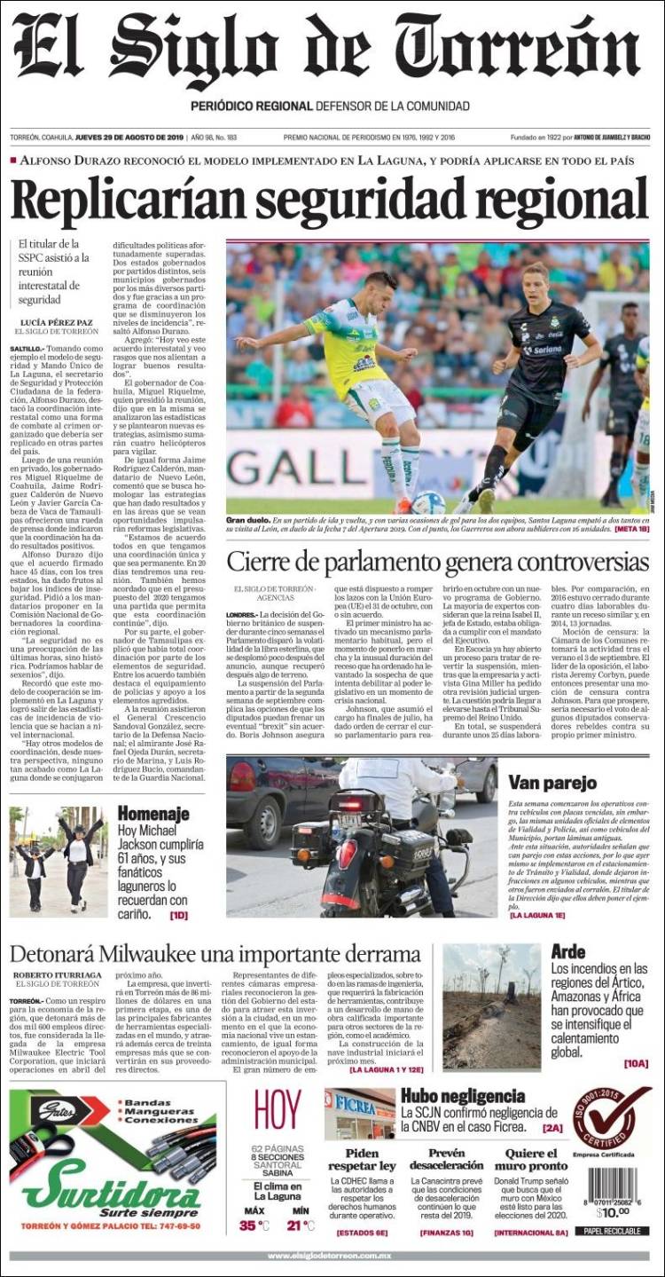 Portada de El Siglo de Torreon (M&eacute;xico)