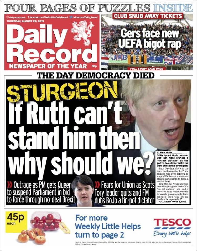 Portada de Daily Record (Reino Unido)