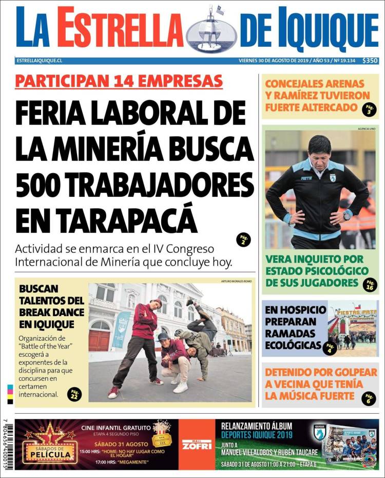 Portada de La Estrella de Iquique (Chile)