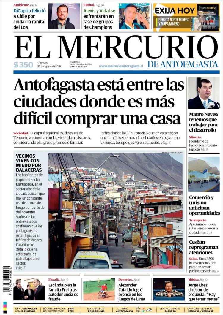 Portada de El Mercurio de Antofagasta (Chile)