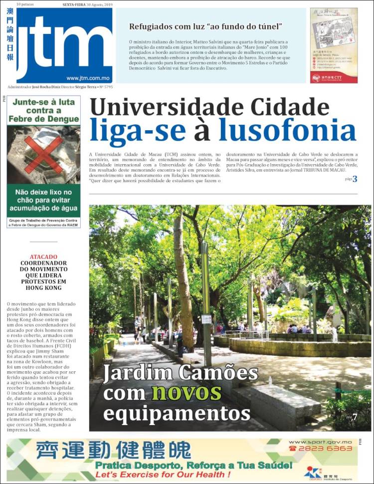 Portada de Jornal Tribuna de Macau (China)