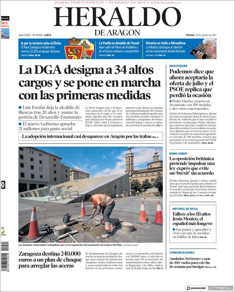 Portada de Heraldo de Aragón (Espa&ntilde;a)