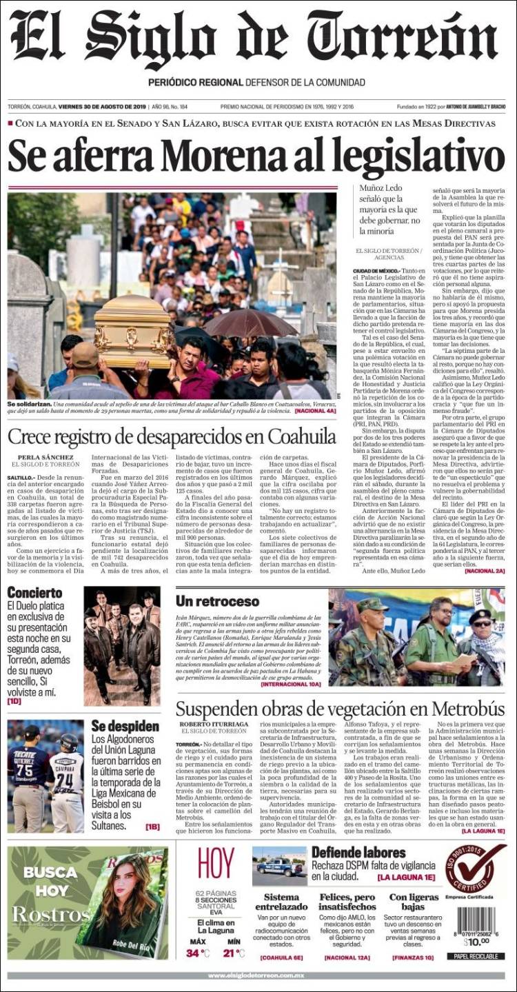 Portada de El Siglo de Torreon (M&eacute;xico)
