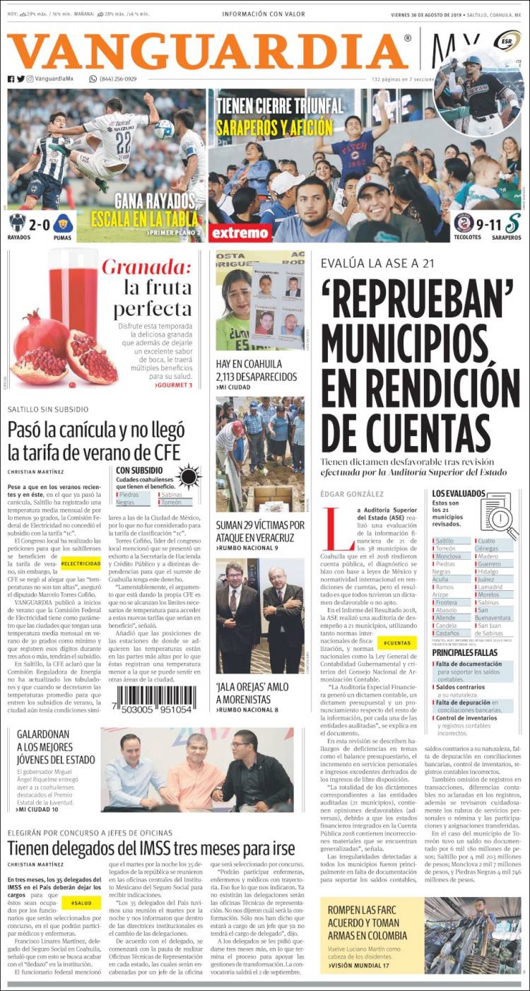 Portada de Vanguardia (M&eacute;xico)