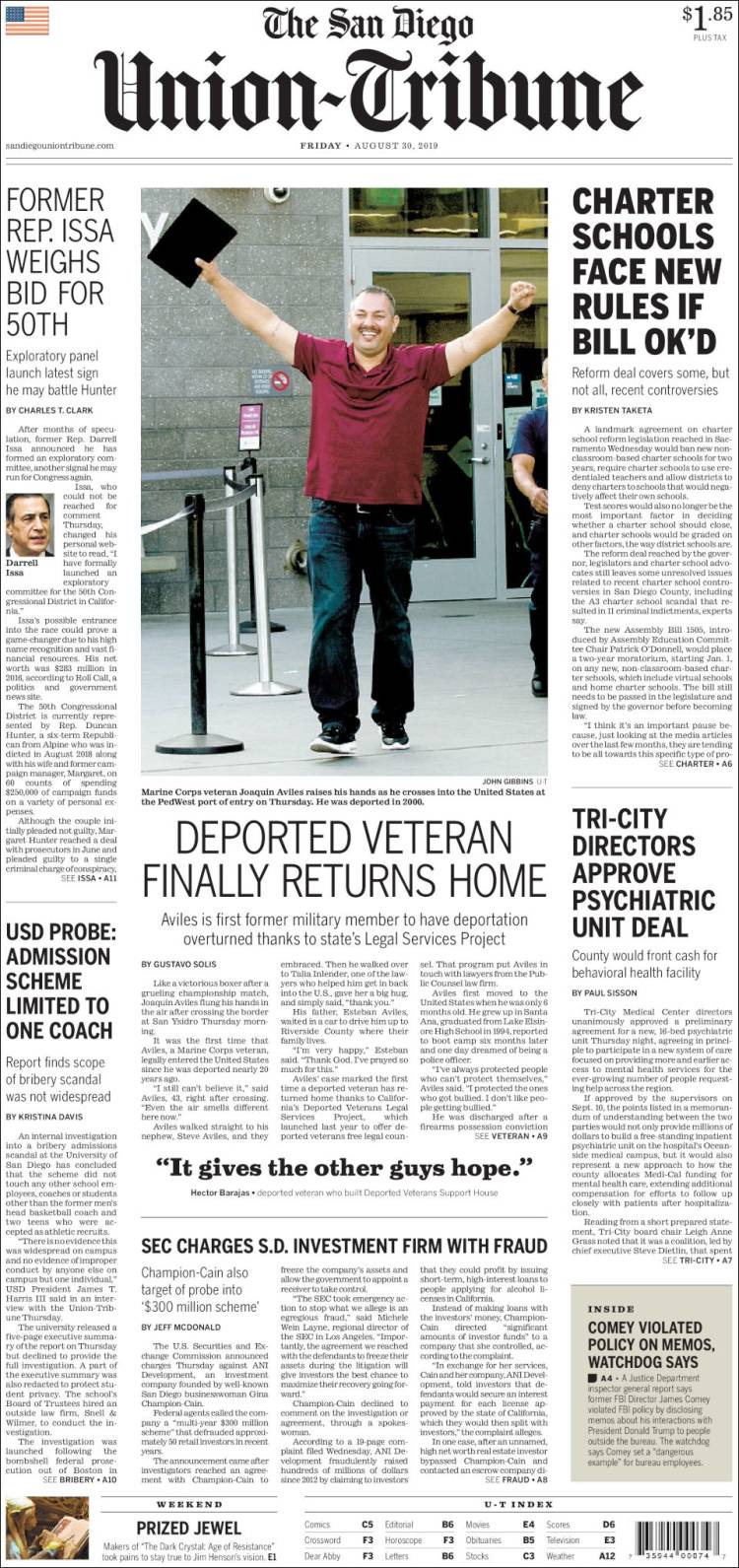 Portada de The San Diego Union-Tribune (USA)