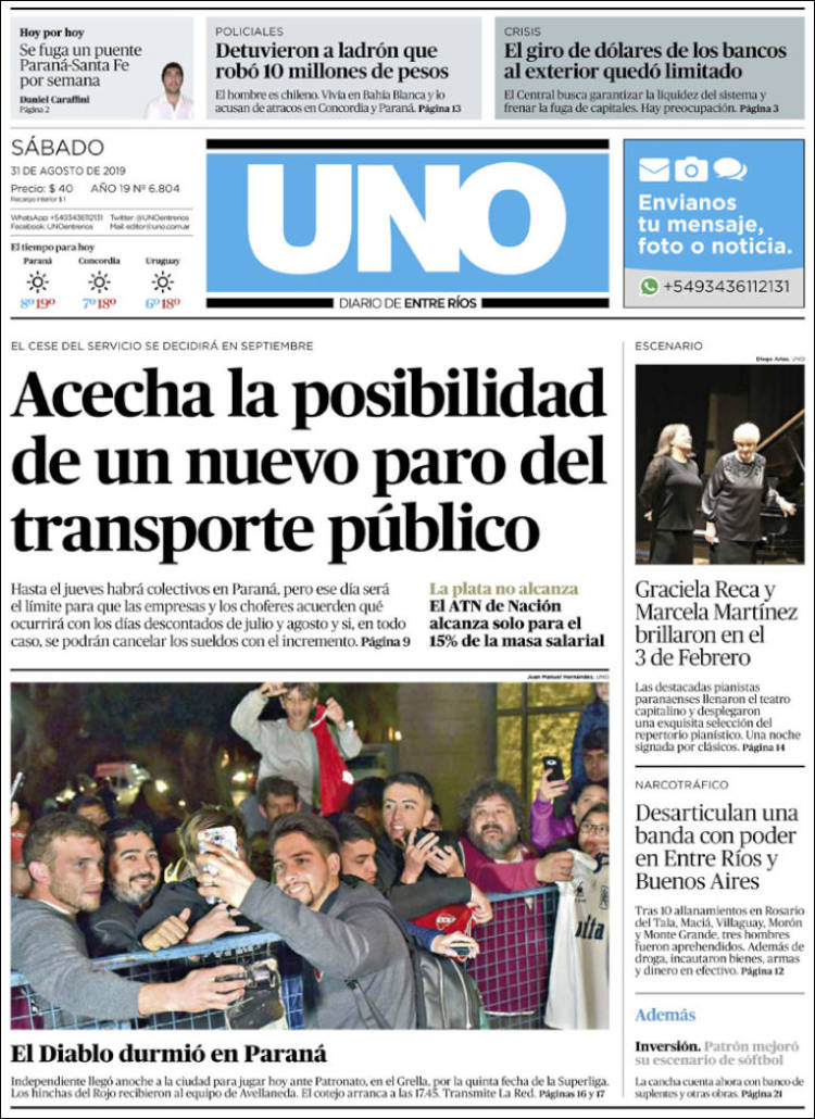 Portada de Diario Uno de Entre Ríos (Argentina)