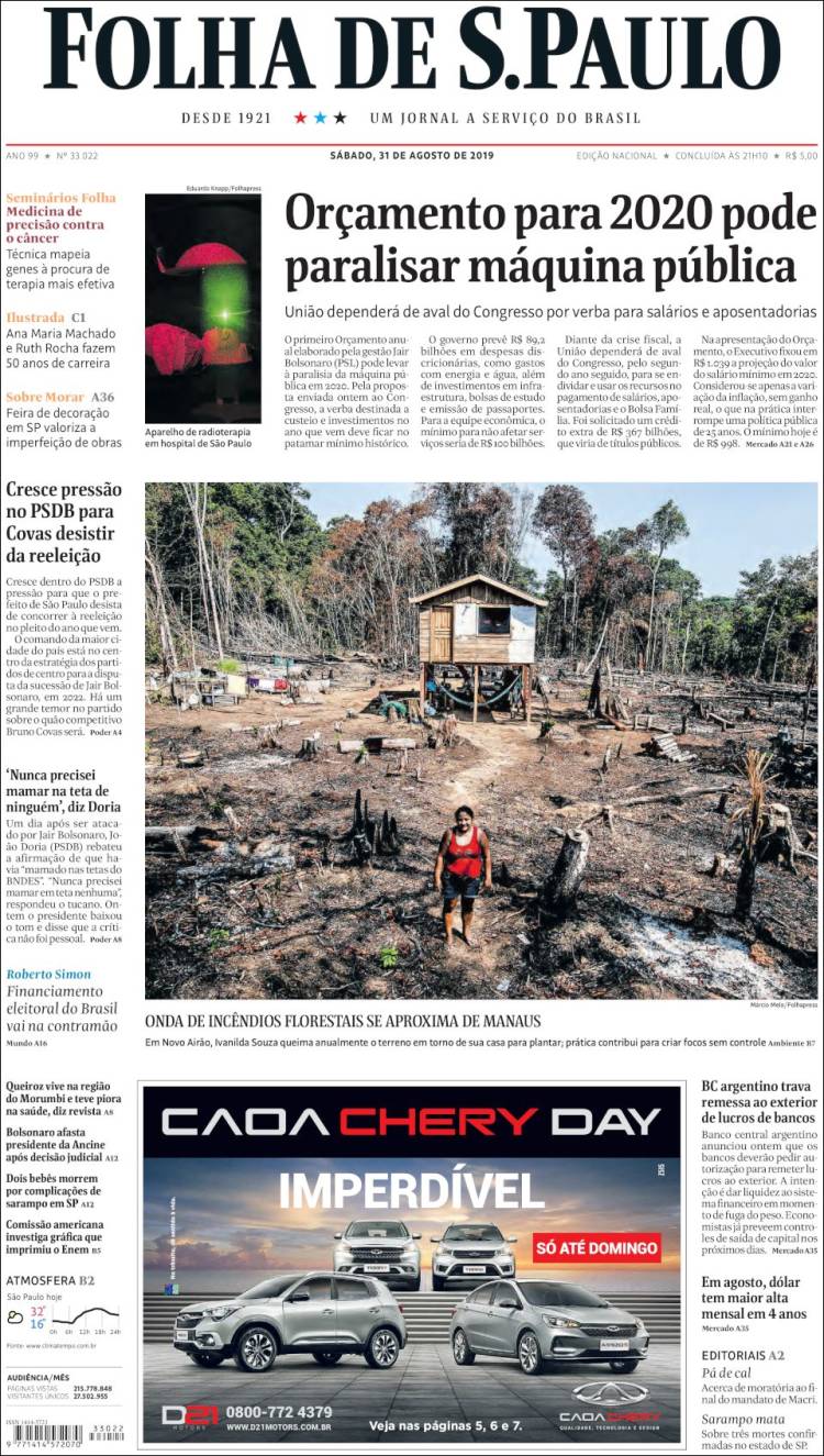 Portada de Folha de São Paulo (Brasil)