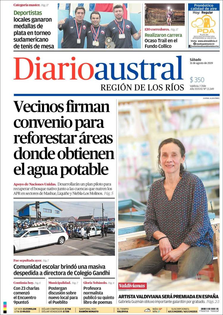 Portada de El Diario Austral de Valdivia (Chile)
