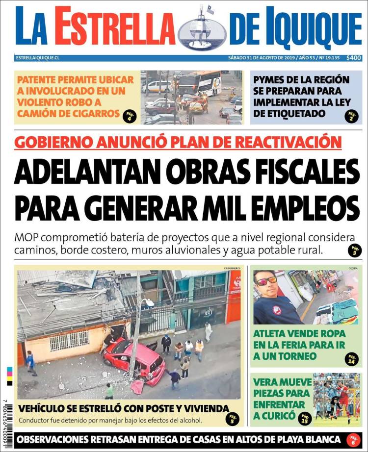 Portada de La Estrella de Iquique (Chile)