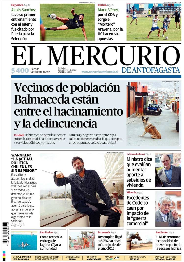 Portada de El Mercurio de Antofagasta (Chile)