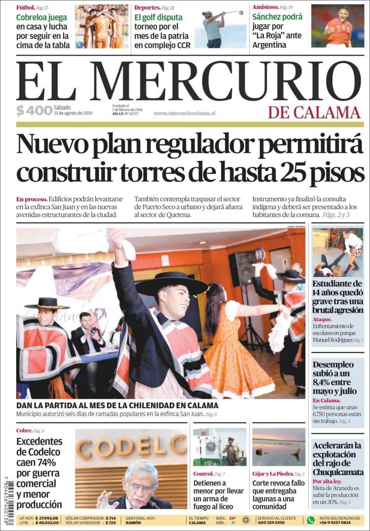 Portada de El Mercurio - Calama (Chile)