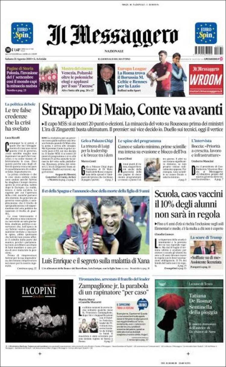Portada de Il Messaggero (Italia)