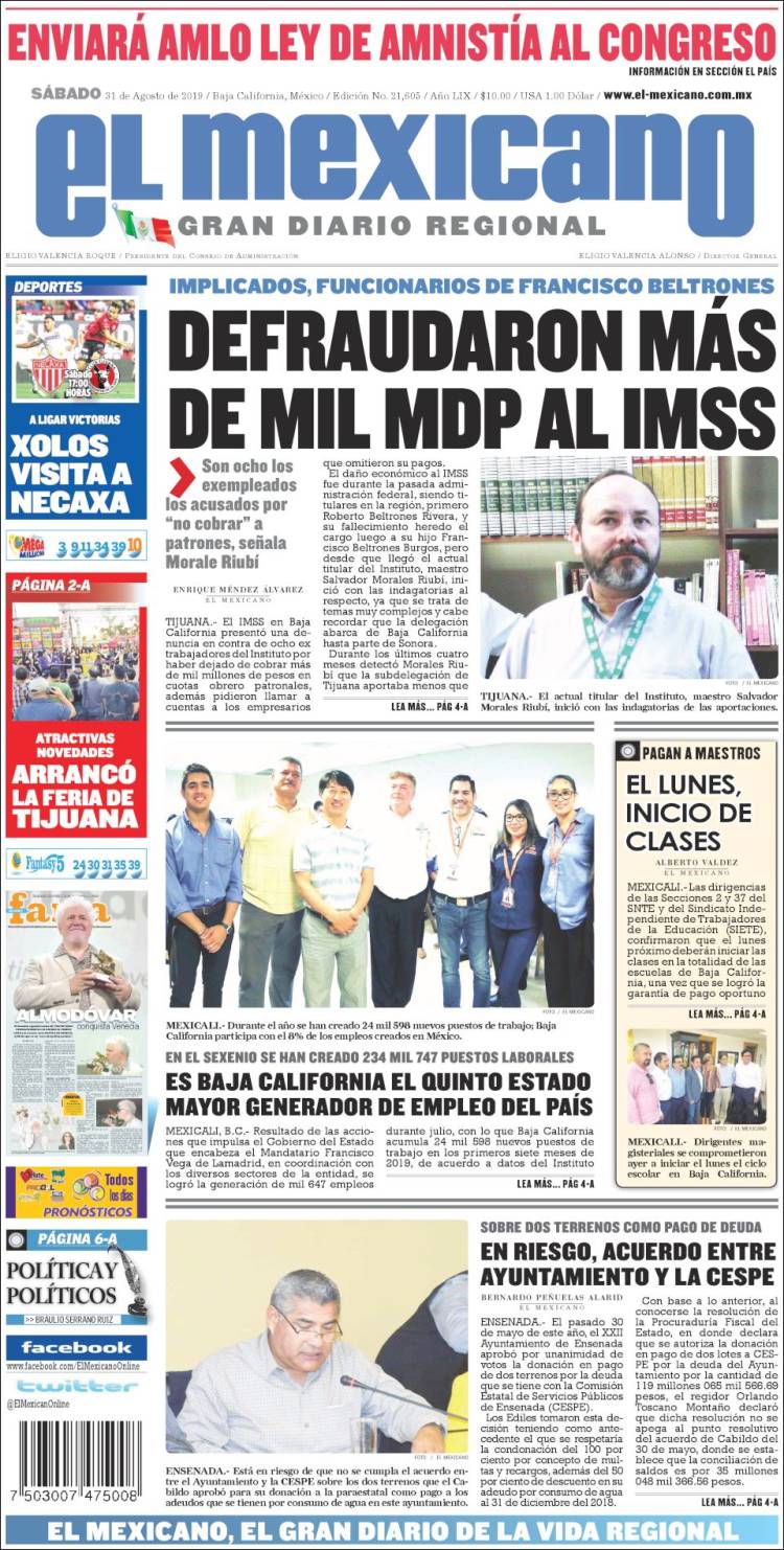 Portada de El Mexicano - El Gran Diario Regional (M&eacute;xico)