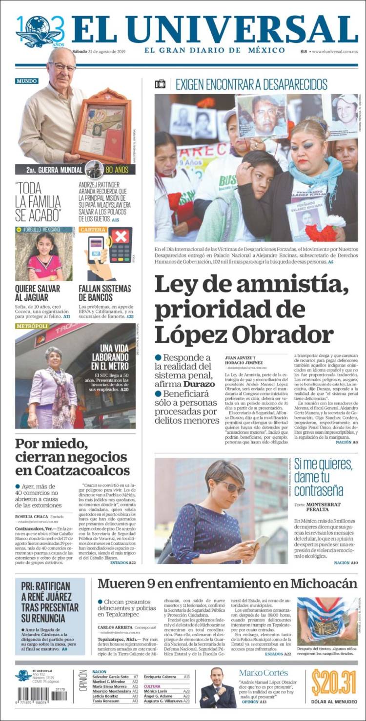 Portada de El Universal (M&eacute;xico)