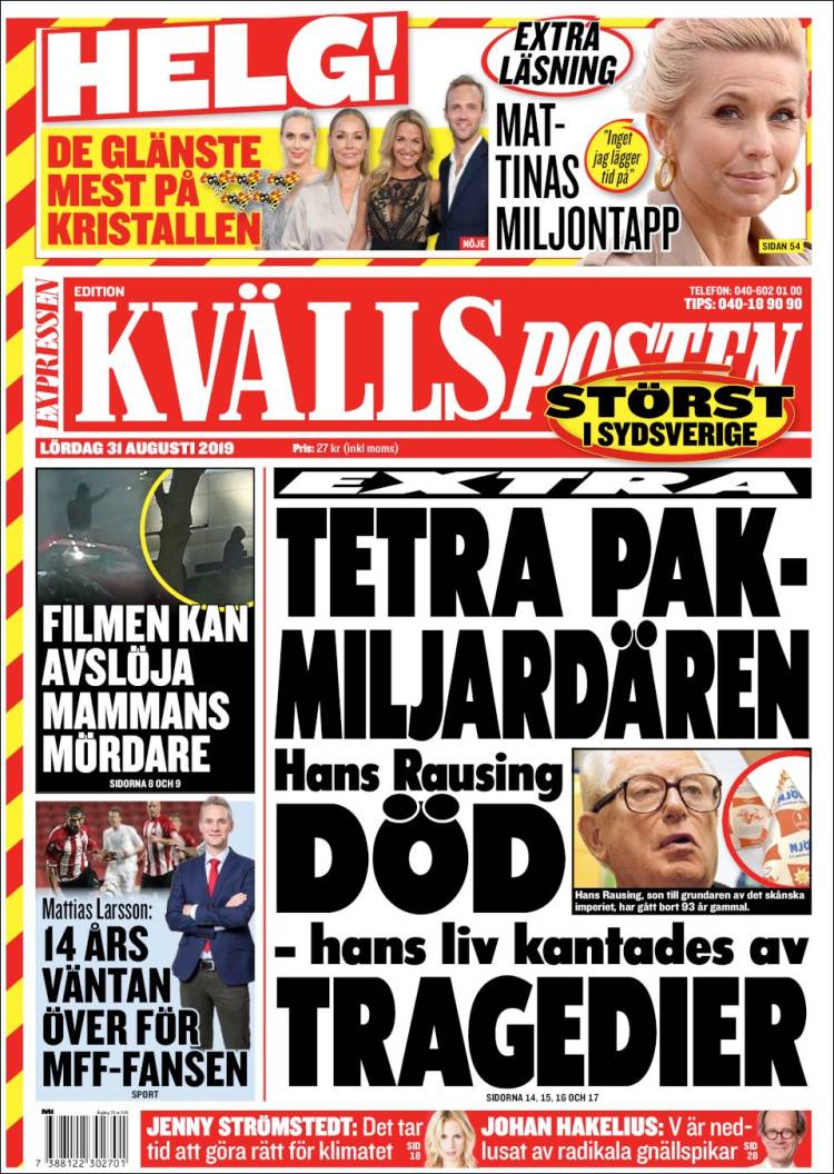 Portada de Kvällsposten (Suecia)