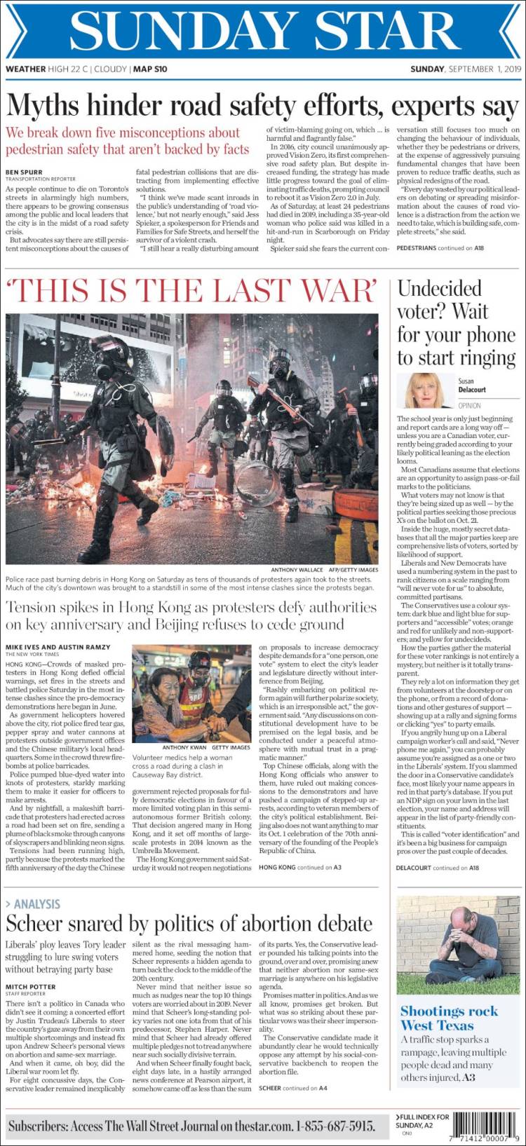 Portada de The Toronto Star (Canadá)