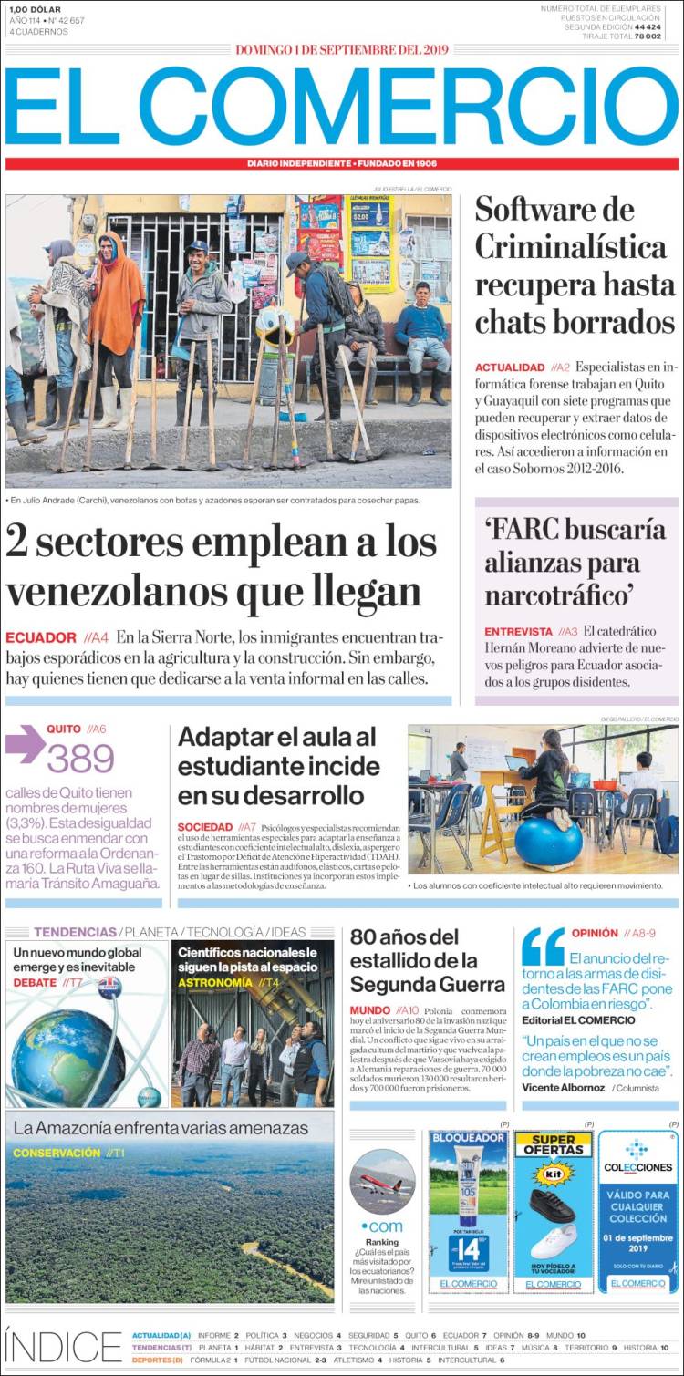Portada de El Comercio (Ecuador)